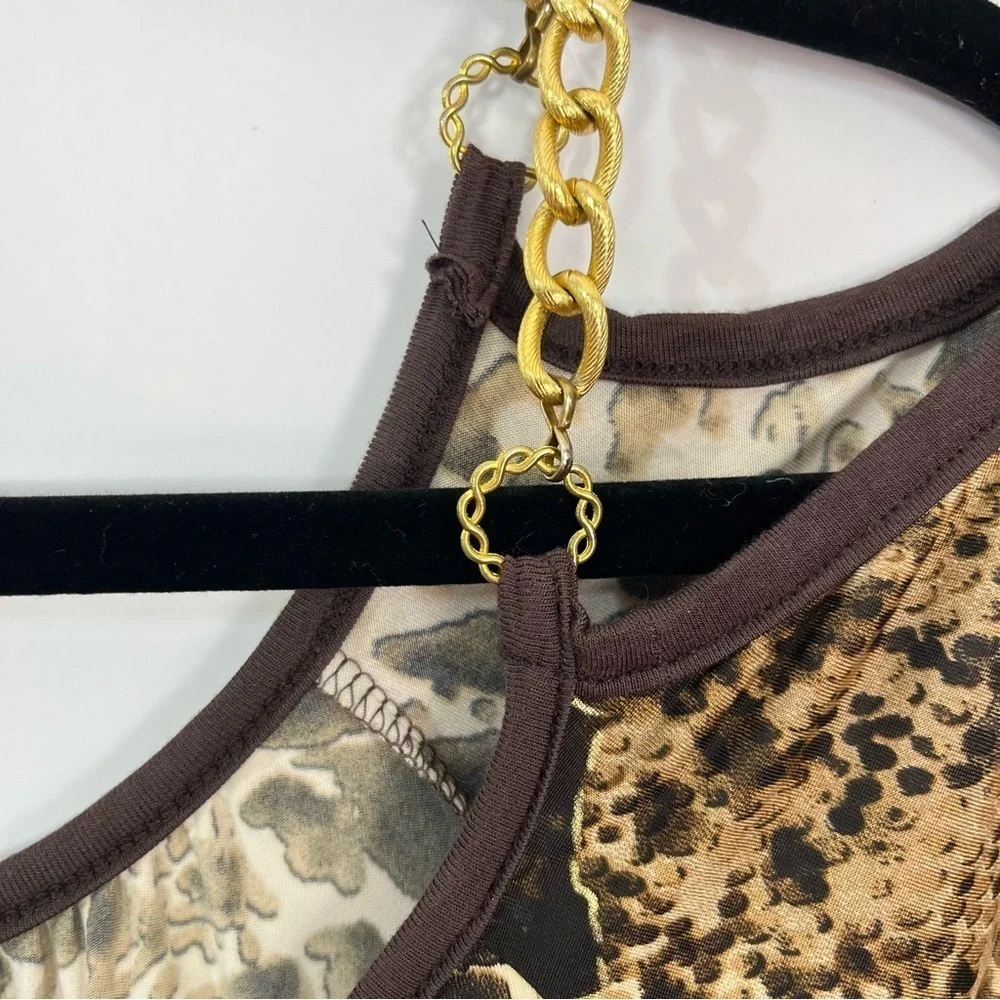 Brown Animal Print Cold Off Shoulder Blouse with Gold toned chain neck Sz Large